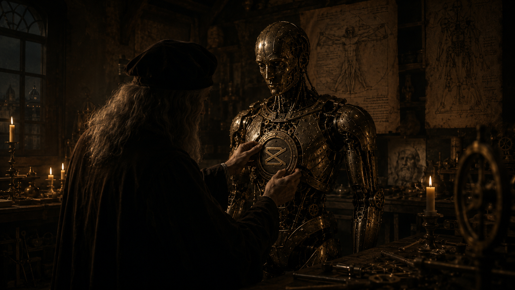Leonardo assembling the brass automaton in a dark Florentine workshop.