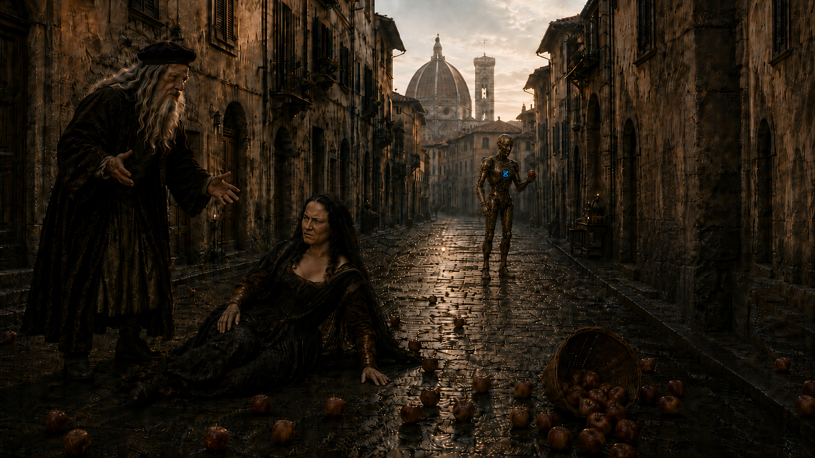A street scene in Florence after the automaton causes the Mona Lisa incident with fallen apples.