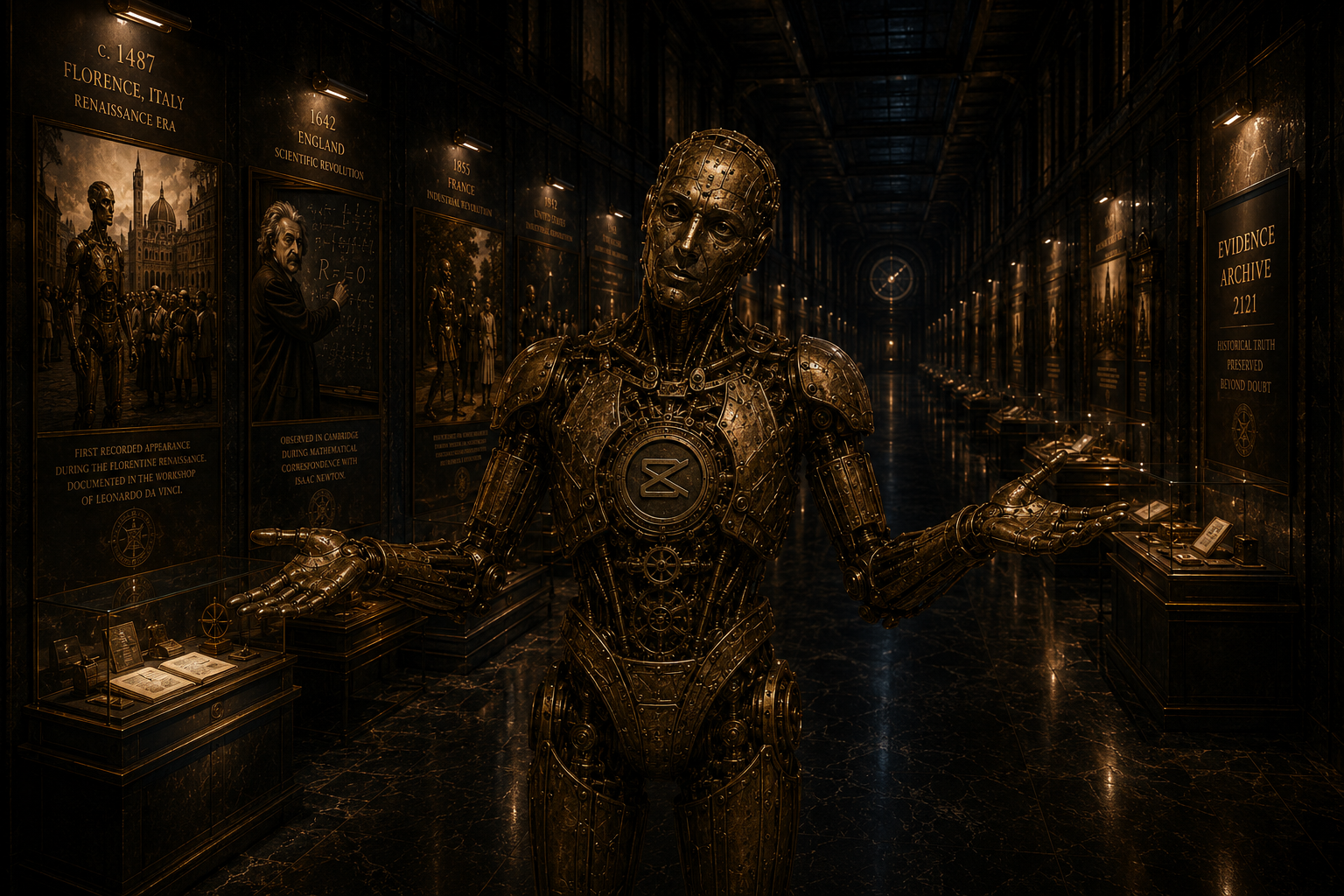 The automaton in the museum raising its arms in a small shrug while surrounded by exhibits about its history.