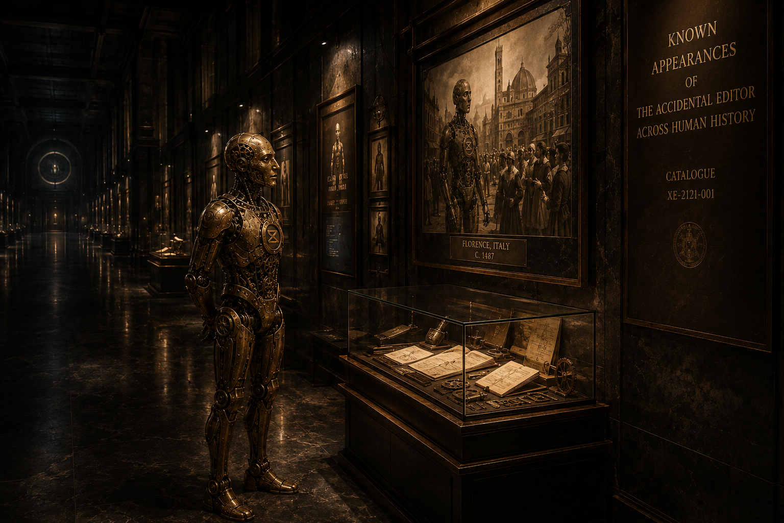 The automaton standing inside the museum at night, facing an exhibit that documents one of its historical appearances.