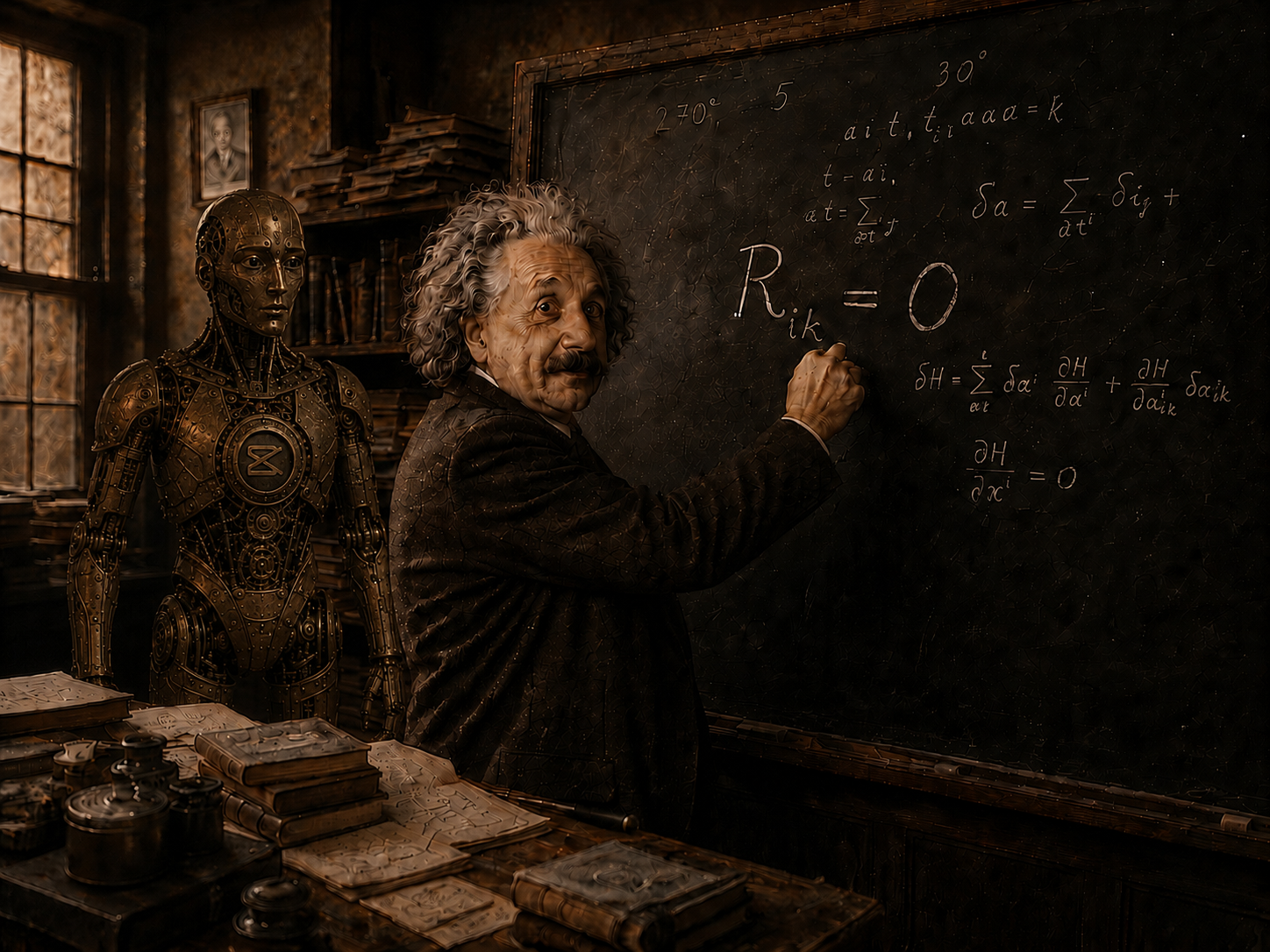 The brass automaton standing beside a physicist writing equations on a blackboard.