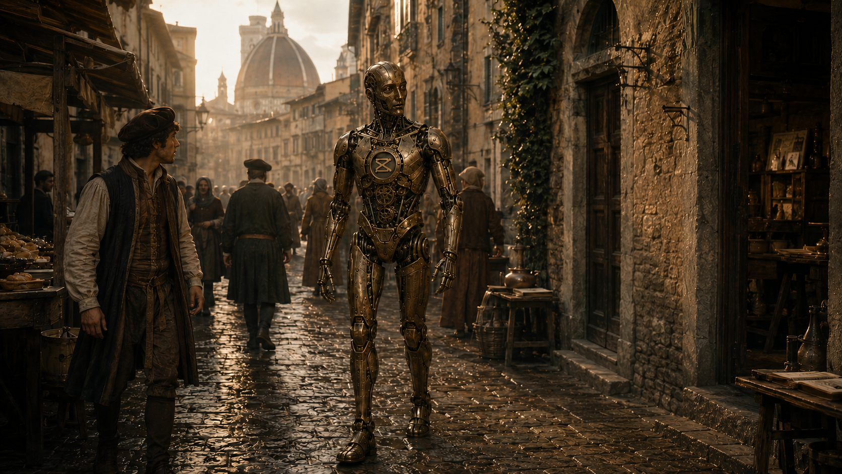 The brass automaton walking through a Florence street while citizens look on.
