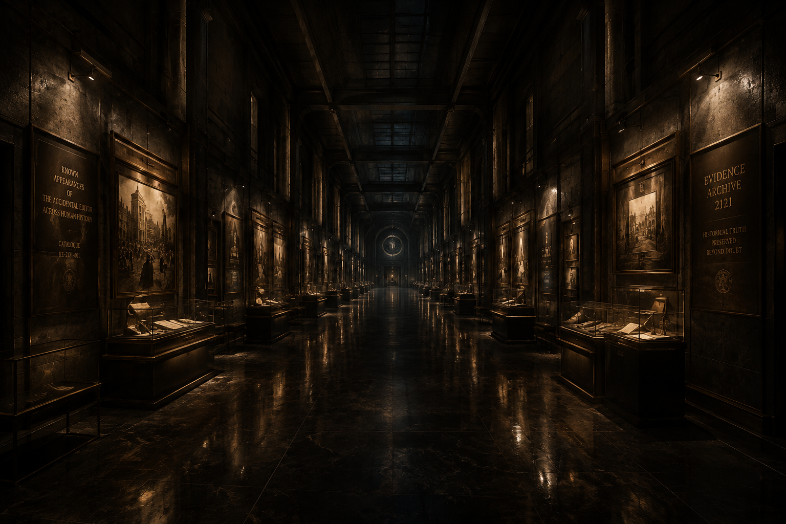 A dark museum hall in 2121 after closing hours, with polished cases and illuminated exhibits.