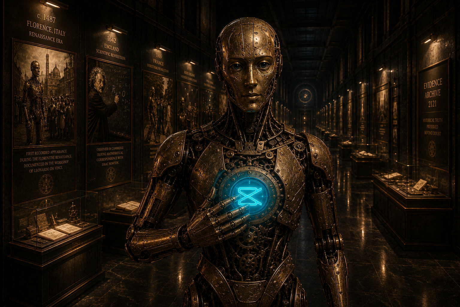 The automaton in the museum with its chest sigil illuminated, preparing to continue its journey through time.