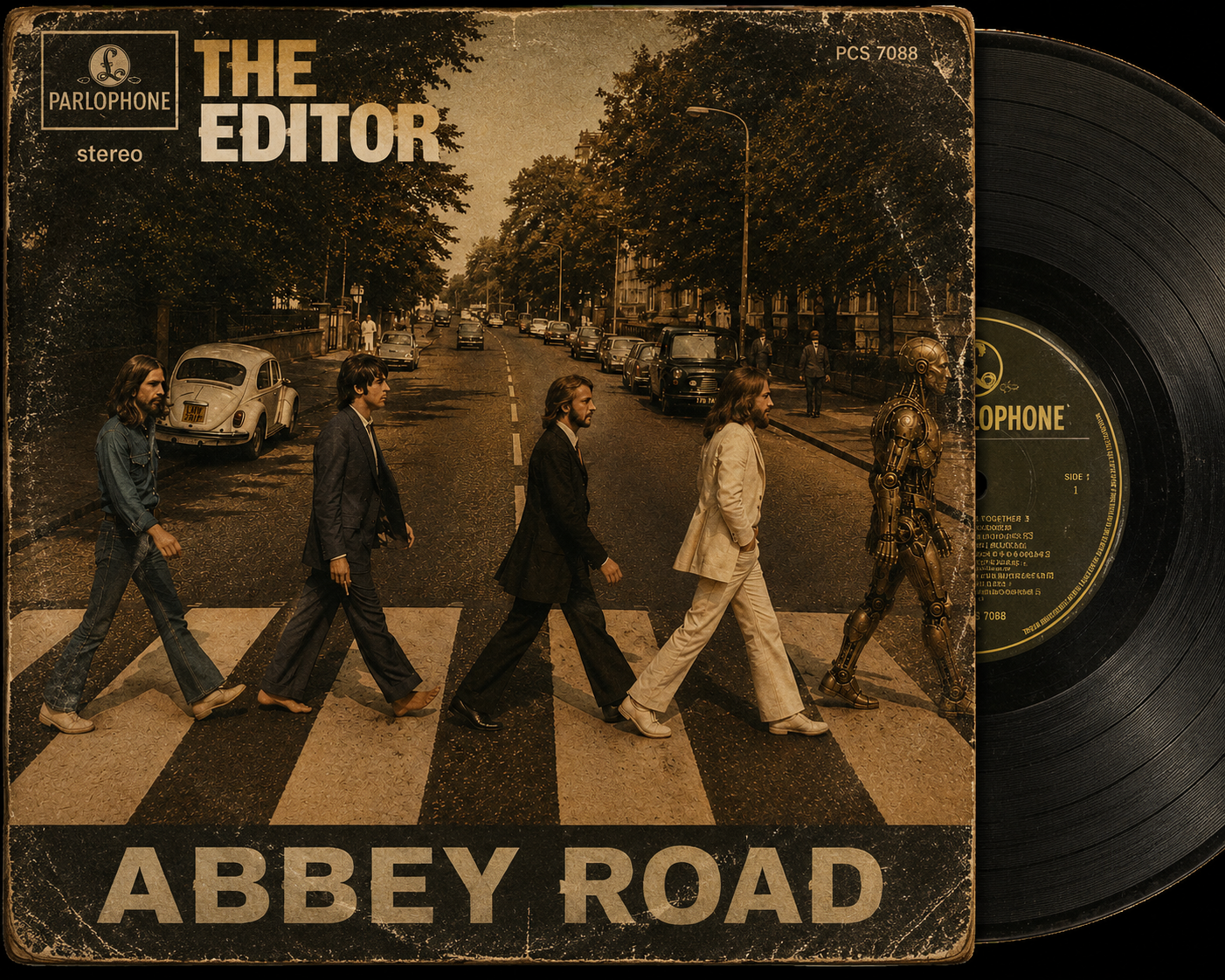 A worn record sleeve showing four figures crossing a street, joined by the brass automaton.
