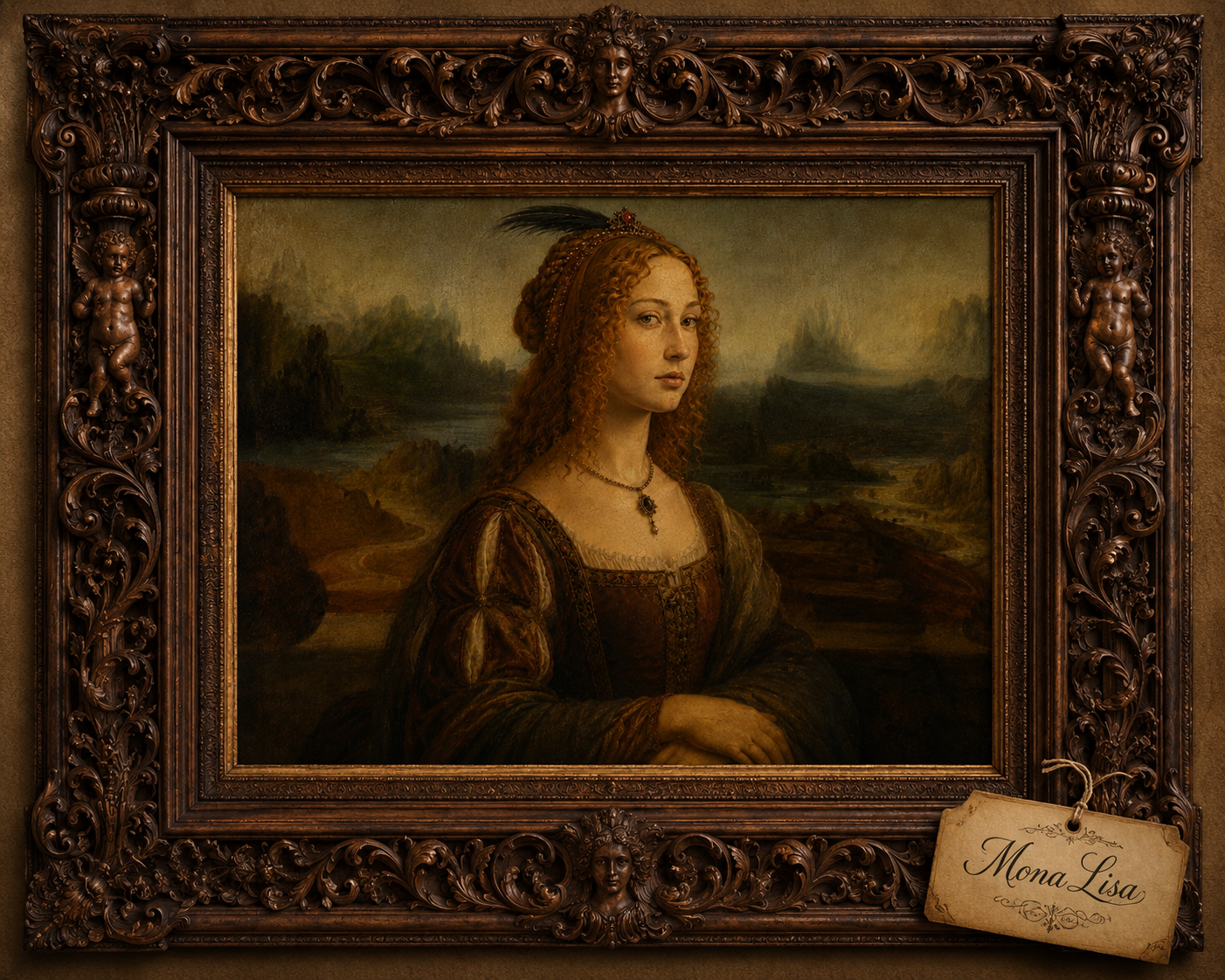 An alternate Mona Lisa portrait displayed within an ornate frame.