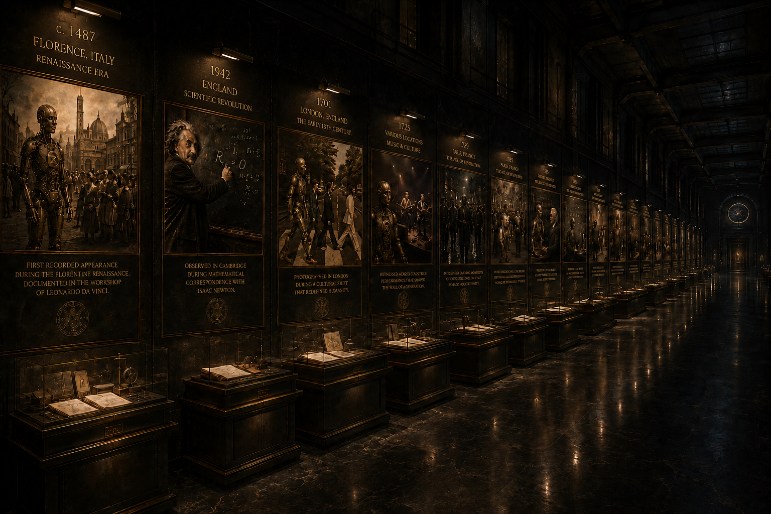 A museum wall displaying many historical appearances of the automaton across different centuries and locations.