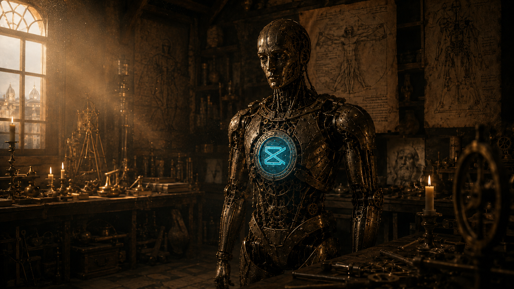 The automaton standing awake in candlelit silence inside Leonardo’s workshop.