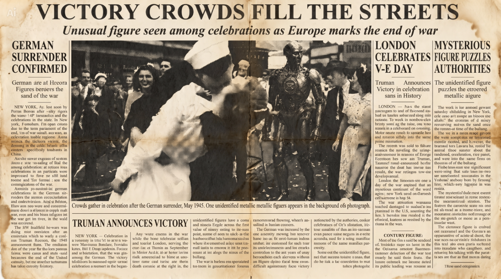 A 1945 newspaper spread reporting victory crowds with an unidentified metallic figure.